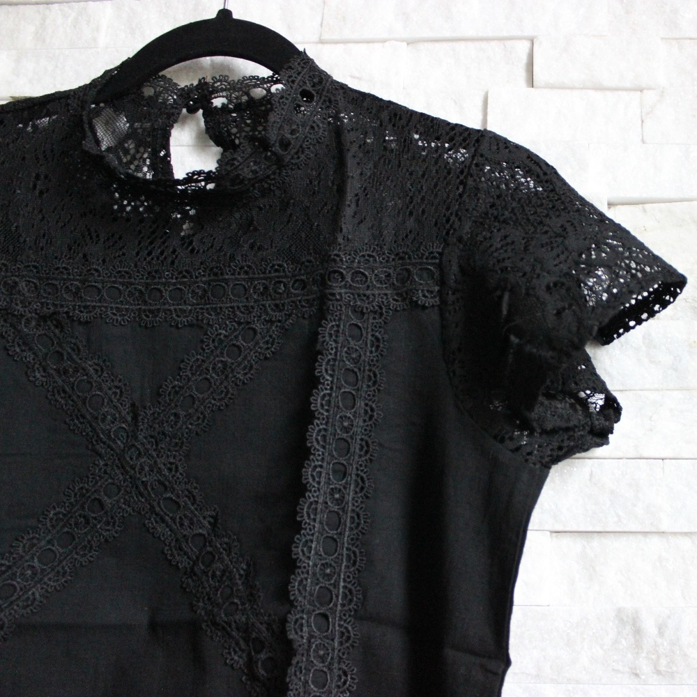 Black Geometric Cotton + Lace Top